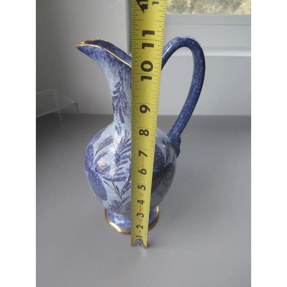 VTG Holland Pitcher Blue Gold Hand Painted Genie Bottle Handle Signed Capri MCM